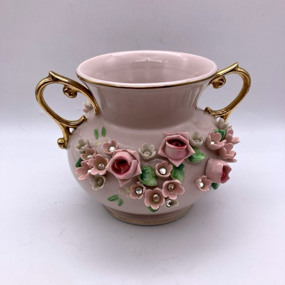 Vintage Lefton Pink Floral Vase/Bowl Delicate Flowers #70260 Gold Trim Stones